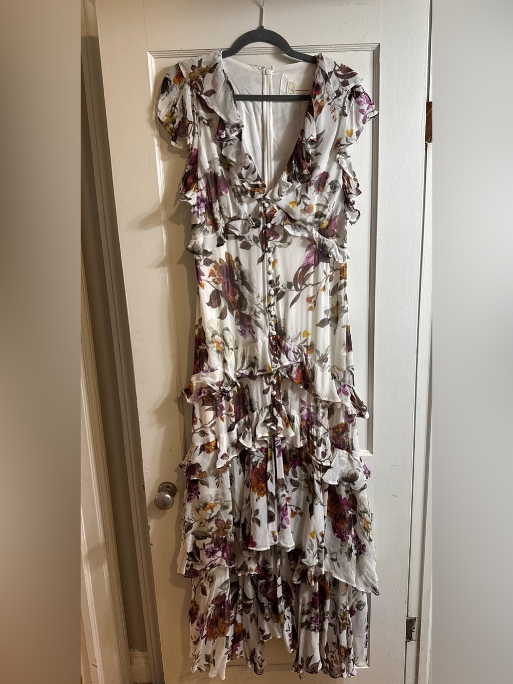 Anthropologie Ivory Floral Ruffle Maxi Dress with Purple & Mustard Accents